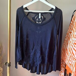 Free People Navy Flowy Applique Long Sleeve Blouse Size XS